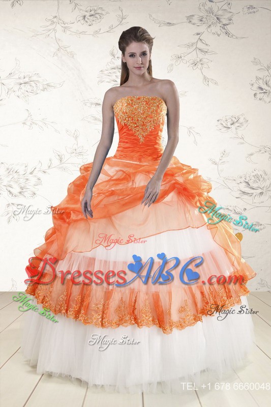 Perfect Strapless Orange Quinceanera Dress With Beading And Appliques
