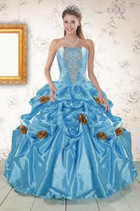 New Style Aqua Blue Quinceanera Dress With Beading And Flowers