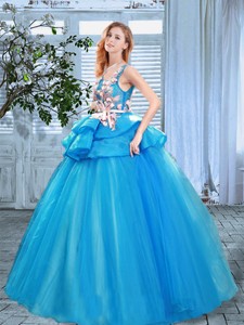 Pretty Applique and Handcrafted Flowers Blue Prom Gown with Scoop