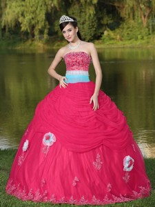 Tulle Strapless Coral Red Quinceanera Dress For Girl With Flower Beaded Decorate