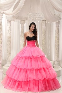 Watermelon Sweetheart Beaded and Layers Ball Gown Quinceanera Dress Taffeta and Organza