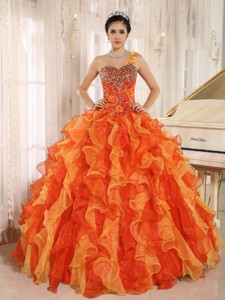 Custom Made Orange One Shoulder Beaded Decorate Ruffles Quinceanera Dress In Spring