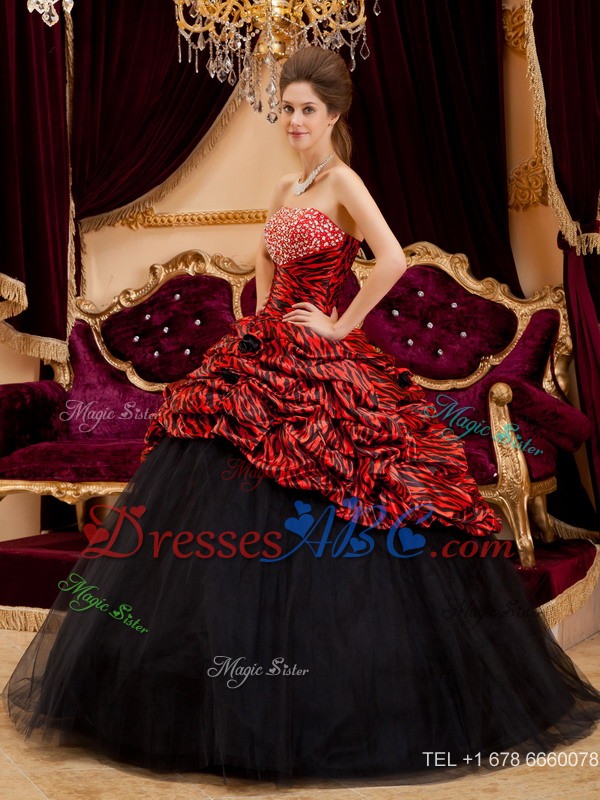 Red and Black Strapless Ball Gown Floor-length Zebra and Tulle Hand Made Flowers Quinceanera Dress