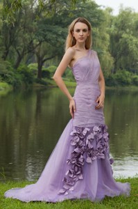 Lilac Column / Sheath One Shoulder Sweep / Brush Organza Hand Flowers Evening Dress