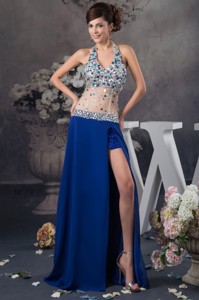 Blue Halter Evening Dress With Rhinestone And Sheer Waist In Vogue