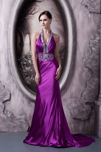 Affordable Eggplant Purple Evening Dress Column Halter Silk Like Satin Beading and Appliques Brush T
