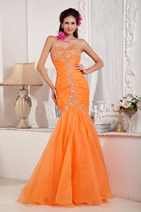 Orange Mermaid Sweetheart Floor-length Organza Beading Evening Dress