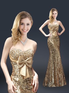 Fall Column Sequins Evening Dress With Bowknot In Gold