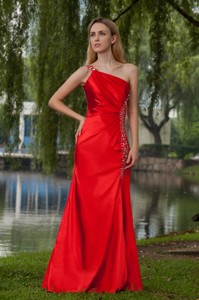 Red Empire One Shoulder Floor-length Taffeta Beading Evening Dress