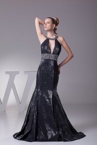 Halter Top Plunging Neckline Mermaid Prom Gown with Beaded Sash