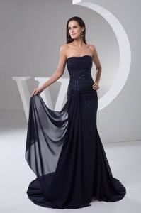 Ruched And Beaded Chiffon Prom Formal Dress In Navy Blue