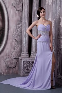 Custom Made Lilac Column Sweetheart Evening Dress Chiffon Beading Court Train