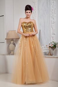 Gold Sweetheart Floor-length Tulle Sequins Prom Celebrity Dress