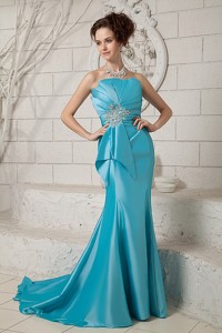 Exclusive Aque Mermaid Evening Dress Strapless Ruch And Beading Brush Train Satin