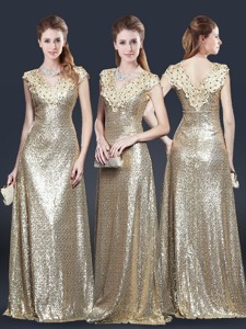 Perfect V Neck Sequins Evening Dress In Champagne
