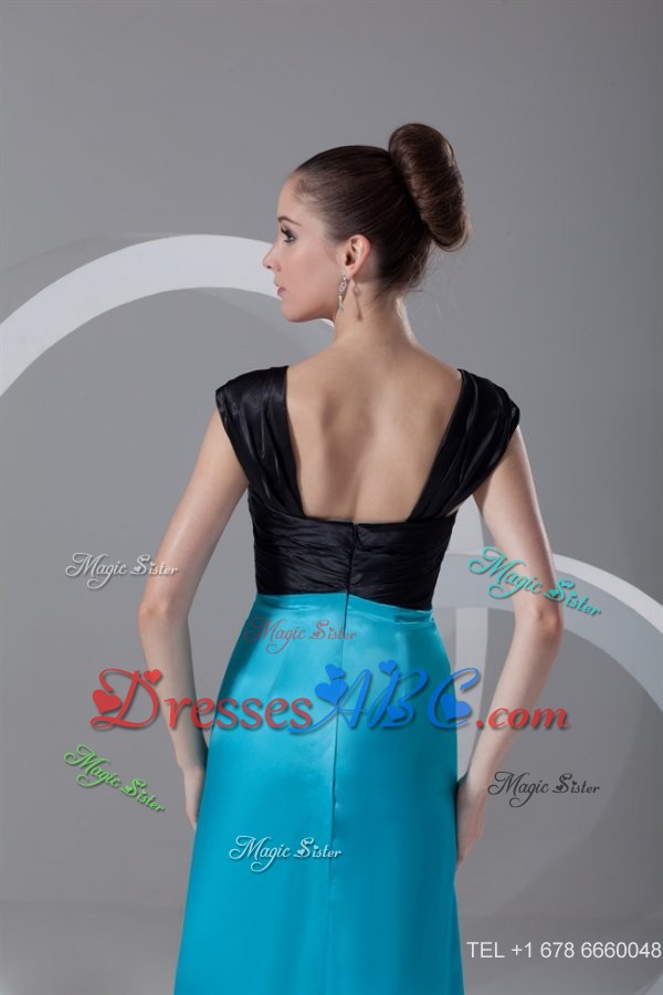 Column Straps Blue And Black Ruching And Appliques Elastic Woven Satin Evening Dress