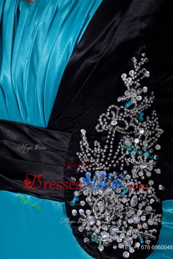 Column Straps Blue And Black Ruching And Appliques Elastic Woven Satin Evening Dress