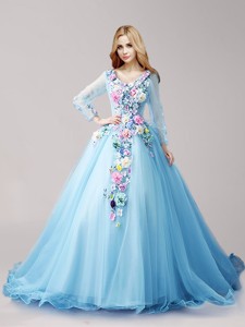 Wonderful V Neck Long Sleeves Hand Made Flowers Quinceanera Dress With Brush Train
