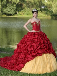 Appliques And Pick-ups Wine Red Brush Train Exquisite Style Quinceanera Dress