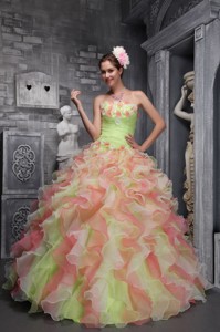 Lovely Strapless Taffeta and Organza Hand Flowers Multi-color Quinceanera Dress
