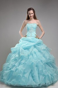 Baby Blue Ball Gown Strapless Floor-length Orangza Beading and Ruffles Quinceanera Dress