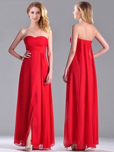 Beautiful Sweetheart Chiffon Ruched Red Bridesmaid Dress In Ankle Length