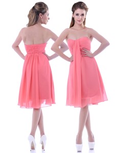 Popular Empire Chiffon Ruched Watermelon Bridesmaid Dress In Knee Length
