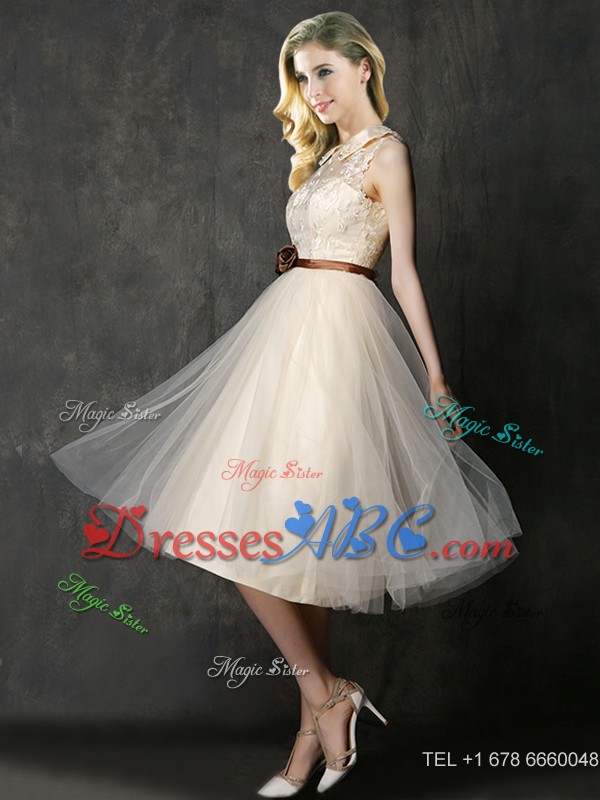 Luxurious High Neck Champagne Bridesmaid Dress with Hand Made Flowers and Lace