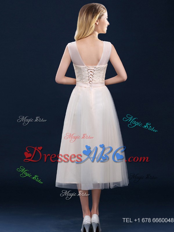 Best Selling See Through Champagne Bridesmaid Dress with Appliques and Belt