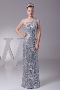Silver Sheath Sequin Single Shoulder Prom Gowns For Beauties