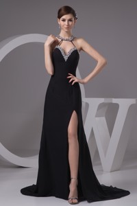Jewelry Halter Sweep Train Sheath Prom Gowns with Silt on The Side
