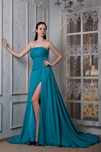 Remarkable Teal Strapless Evening Dress Chiffon And Elastic Woven Satin Beading Court Train