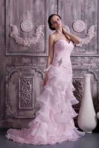 Baby Pink Evening Dress Column Sweetheart Brush Train Ruch And Beading Organza