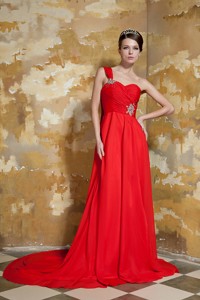 Red Empire One Shoulder Watteau Train Chiffon Beading Evening Dress