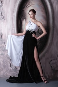 Popular White and Black Evening Dress One Shoulder Beading Chiffon and Elastic Woven Satin Brush Tra