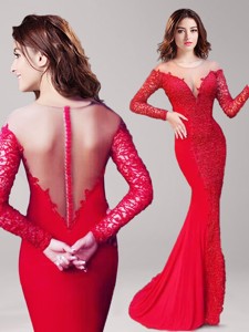 See Through Scoop Long Sleeves Lace Evening Dress In Red