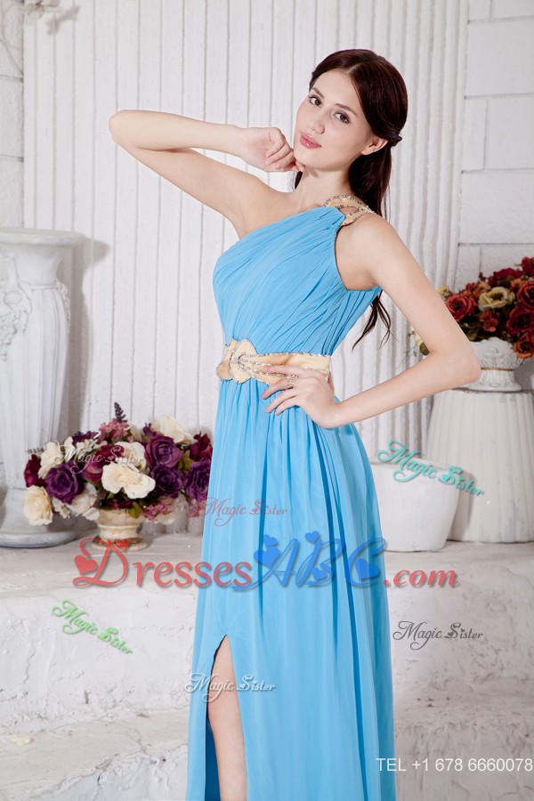 Aqua Blue Empire One Shoulder Belt Prom / Evening Dress Floor-length Chiffon