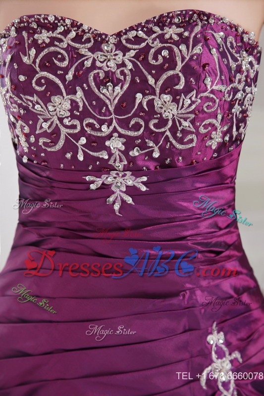 Purple Princess Sweetheart Brush Train Taffeta Embroidery And Ruch Prom Graduation Dress