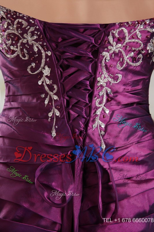 Purple Princess Sweetheart Brush Train Taffeta Embroidery And Ruch Prom Graduation Dress