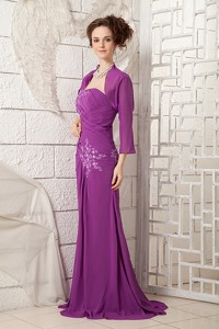 Bright Purple Mother Of The Bride Dress Column One Shoulder Chiffon Appliques Brush Train