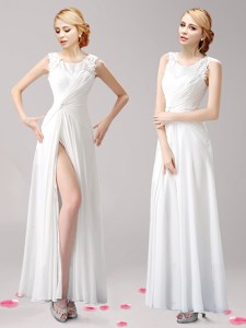 Fashionable High Slit Scoop White Mother Of The Bride Dress With Appliques