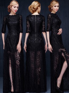 Sexy Scoop Half Sleeves High Slit Black Mother Of The Bride Dress With Lace
