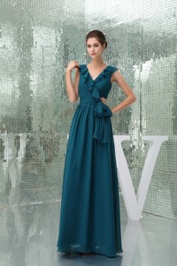 Teal Floor-length V-neck Mother of the Bride Dress with Sash