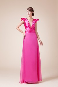 Exquisite V-neck Column / Sheath Long Mother Of The Bride Dress With Cap Sleeves