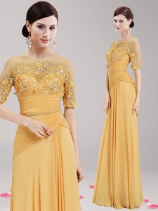 See Through Scoop Half Sleeves Gold Mother Of The Bride Dress With Appliques And Belt