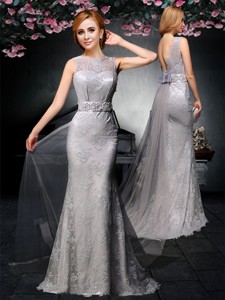 Lovely Belted And Laced Backless Grey Mother Of The Bride Dress With Watteau Train