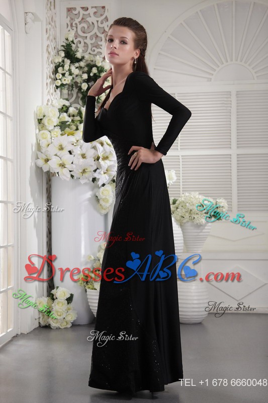 Black Column V-neck Long Sleeves Floor-length Taffeta Ruch Mother of the Bride Dress