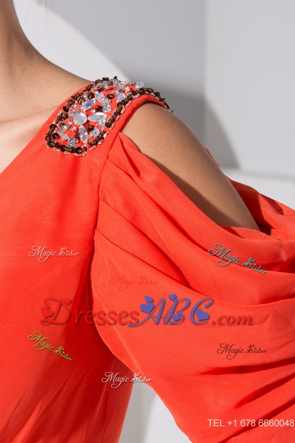 Jeweled Open Sleeves Coral Red Mother of The Bride Dress with Slit