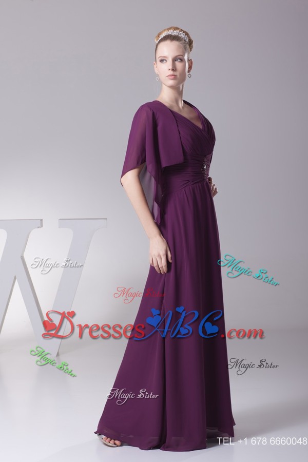 Ruched and Beaded V-neck Floor-length Mother Of The Bride Dress