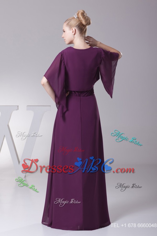 Ruched and Beaded V-neck Floor-length Mother Of The Bride Dress